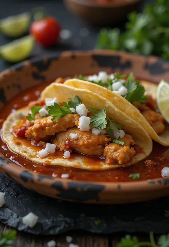 Tacos de Pollo con Salsa de Guajillo σερβιρισμένο