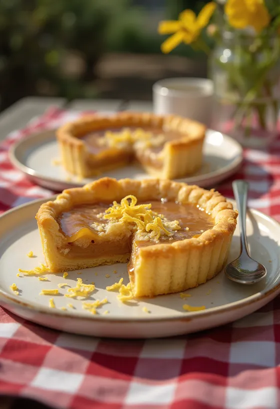 Treacle tart με γέμιση καραμέλας, κομμένο σε φέτες, σερβιρισμένο με φρέσκο σιρόπι καραμέλας