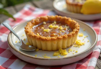 Treacle tart με γέμιση καραμέλας, κομμένο σε φέτες, σερβιρισμένο με φρέσκο σιρόπι καραμέλας