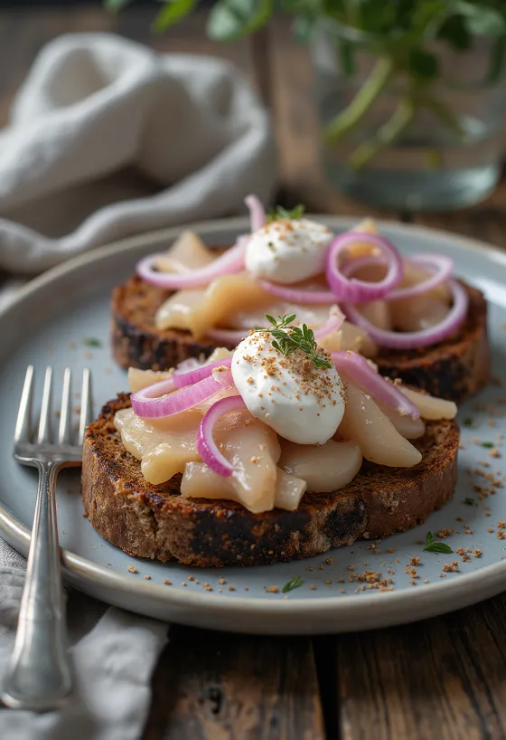 Smørrebrød με ρέγγα και κρεμμύδι σερβιρισμένο με φρέσκο μαϊντανό