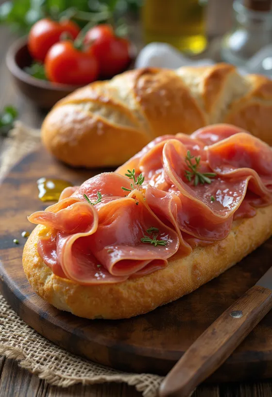 Bocadillo με χαμόν σεράνο, φρέσκια ντομάτα και σκορδάτη μπαγκέτα.