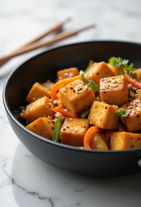 Hornado de tofu, ψητό τόφου σερβιρισμένο με λαχανικά και σάλτσα σόγιας, με φρέσκο κόλιανδρο