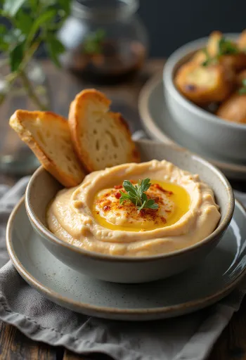 Κρέμα μελιτζάνας με ψητή πιπεριά σερβιρισμένη