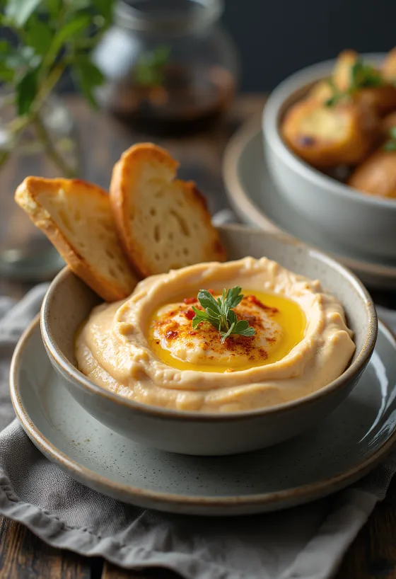 Κρέμα μελιτζάνας με ψητή πιπεριά σερβιρισμένη