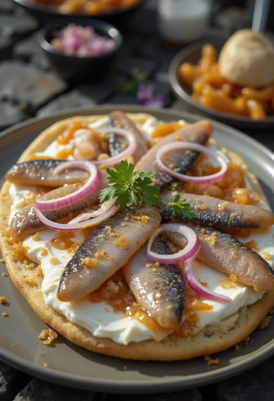 Surströmming με τυρί κρέμα, σε φρυγανισμένο ψωμί, με φρέσκο κόλιανδρο