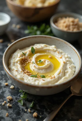 Κρέμα μελιτζάνας με σάλτσα ταχίνι σερβιρισμένη