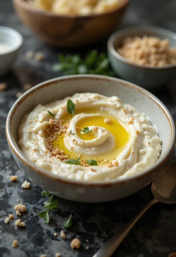 Κρέμα μελιτζάνας με σάλτσα ταχίνι σερβιρισμένη