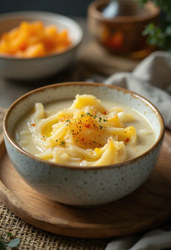 Κρεμώδες κολοκύθι γιαχνί με άνηθο και γιαούρτι, σερβιρισμένο με φρέσκο τραγανό ψωμάκι.