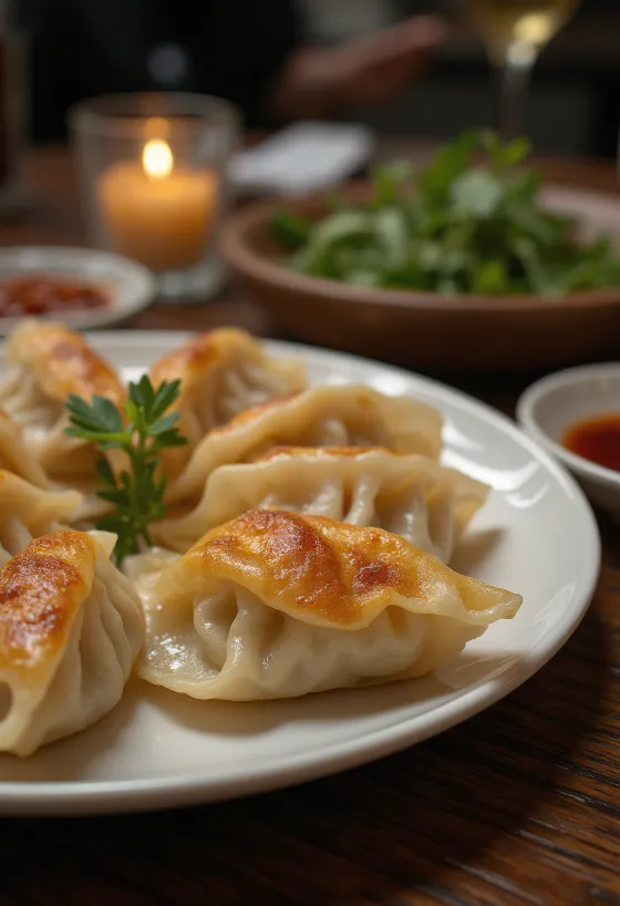 Κλασικά ιαπωνικά gyoza με χρυσοκαφέ τραγανή βάση