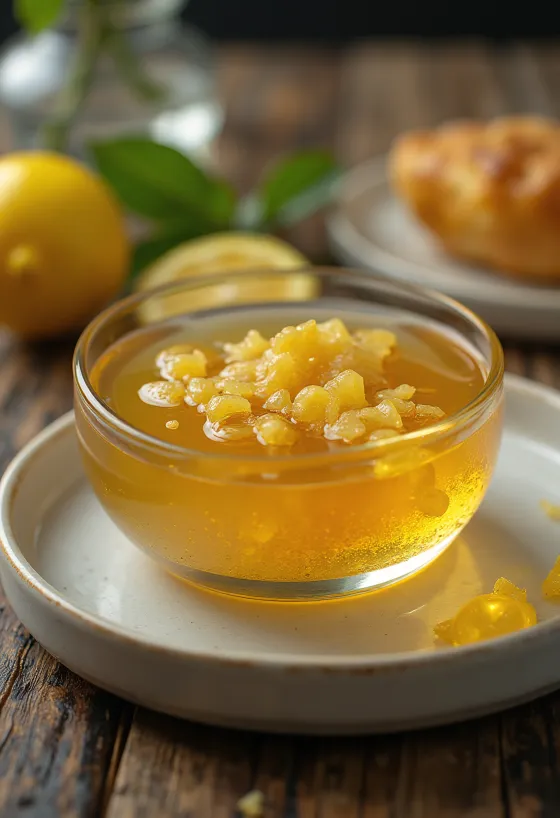 Γλάσο με μέλι, λεμόνι και τζίντζερ σε μπολ, διακοσμημένο με φέτες λεμονιού και τζίντζερ.