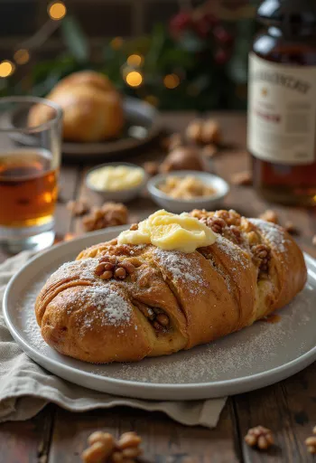 Stollen με ρούμι και καρύδια σε φέτες, πασπαλισμένο με ζάχαρη άχνη