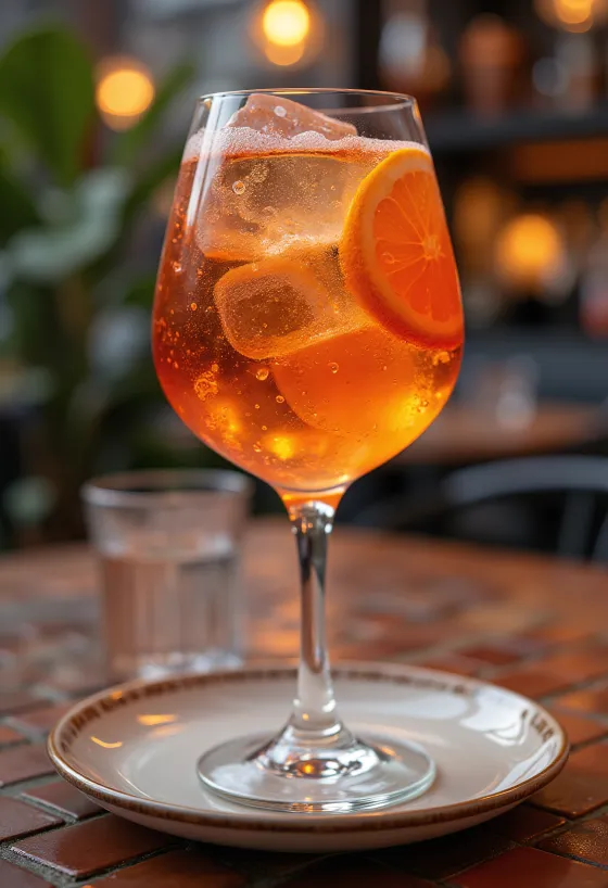 Aperol Spritz διακοσμημένο με φέτα πορτοκαλιού και παγάκια