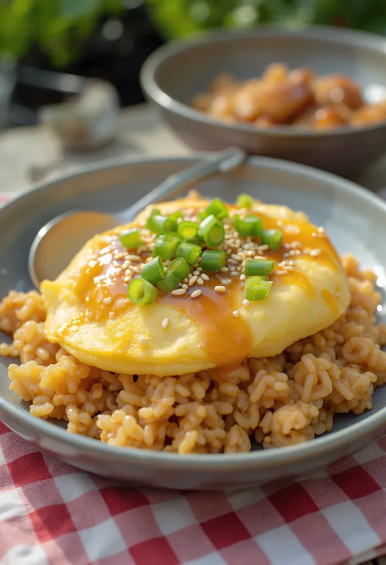 Miso omurice σε μπολ, γαρνιρισμένο με σουσάμι και φρέσκο κρεμμυδάκι