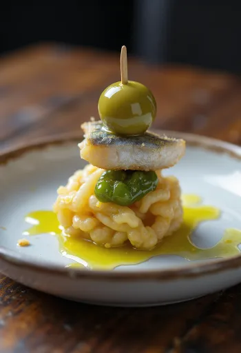 Pintxo Gilda, περασμένο σε οδοντογλυφίδα με ελιές, αντζούγιες και πιπεριές