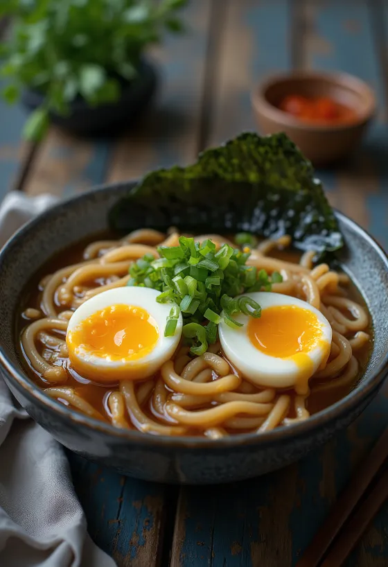 Soft boiled egg ramen σερβιρισμένο με μελάτο αυγό