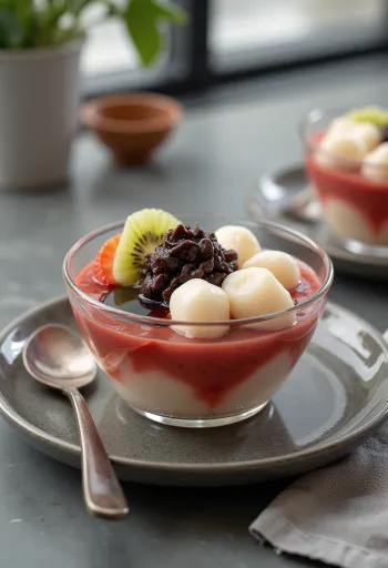 Anmitsu με shiratama dango, σερβιρισμένο με φρέσκα φρούτα