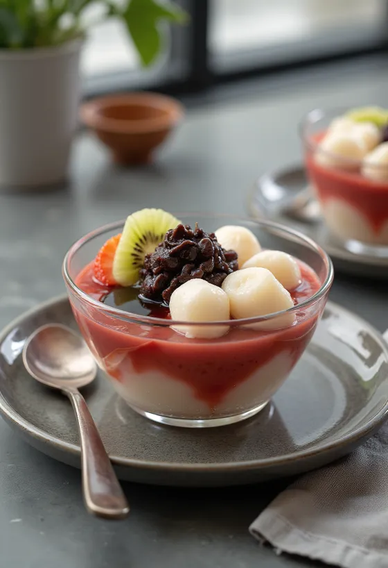 Anmitsu με shiratama dango, σερβιρισμένο με φρέσκα φρούτα