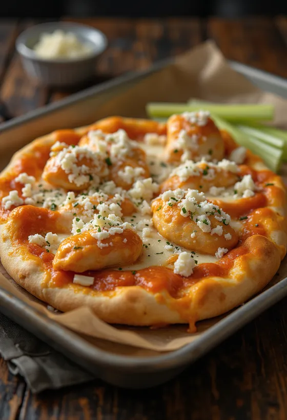 Buffalo chicken pizza με καυτερό κοτόπουλο και μπλε τυρί