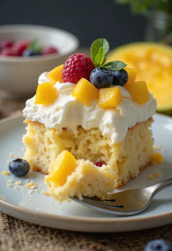 Tres leches με φρούτα σερβιρισμένο, διακοσμημένο με φρέσκα μούρα και μάνγκο