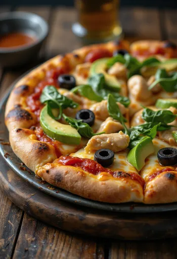 California Pizza με φρέσκο αβοκάντο, στήθος κοτόπουλου και σπανάκι