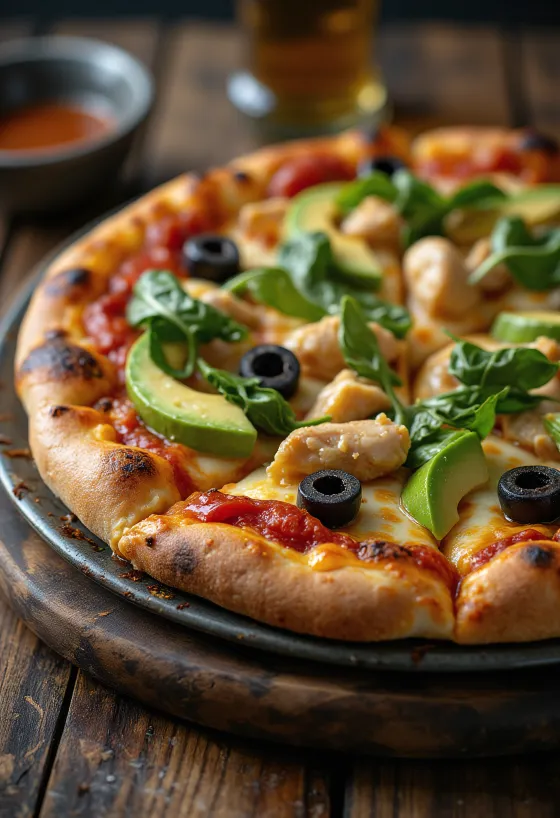 California Pizza με φρέσκο αβοκάντο, στήθος κοτόπουλου και σπανάκι