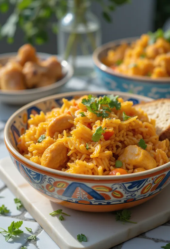 Ρύζι Jollof σερβιρισμένο με κοτόπουλο