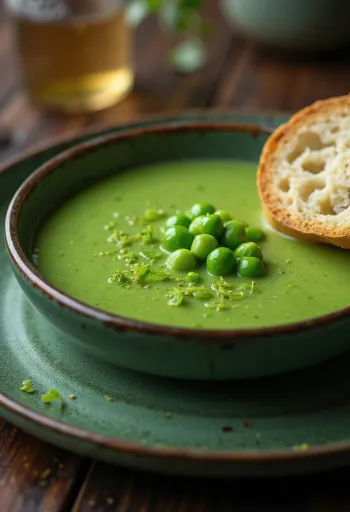 Βελουτέ σούπα αρακά με σπανάκι σερβιρισμένη