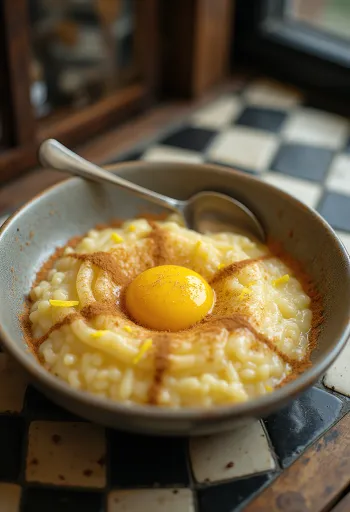 Arroz doce με κρόκους αυγών, σερβιρισμένο με κανέλα και ξύσμα λεμονιού