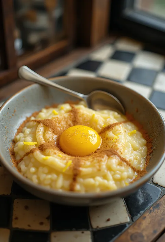 Arroz doce με κρόκους αυγών, σερβιρισμένο με κανέλα και ξύσμα λεμονιού