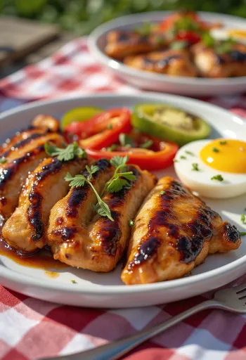 Στήθος κοτόπουλου BBQ με ψητά λαχανικά σερβιρισμένο
