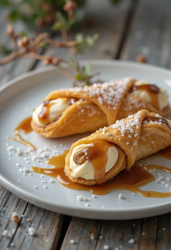Cannoli με γέμιση αλατισμένης καραμέλας, φρεσκοσερβιρισμένα