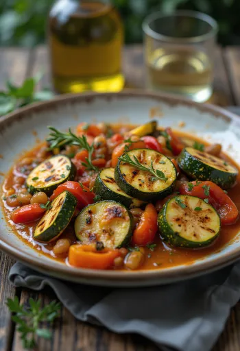 Καπονάτα με ψητά λαχανικά, ελιές και σάλτσα ντομάτας