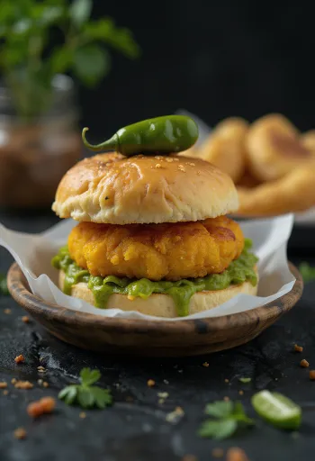 Vada Pav με γέμιση κρέατος σερβιρισμένο