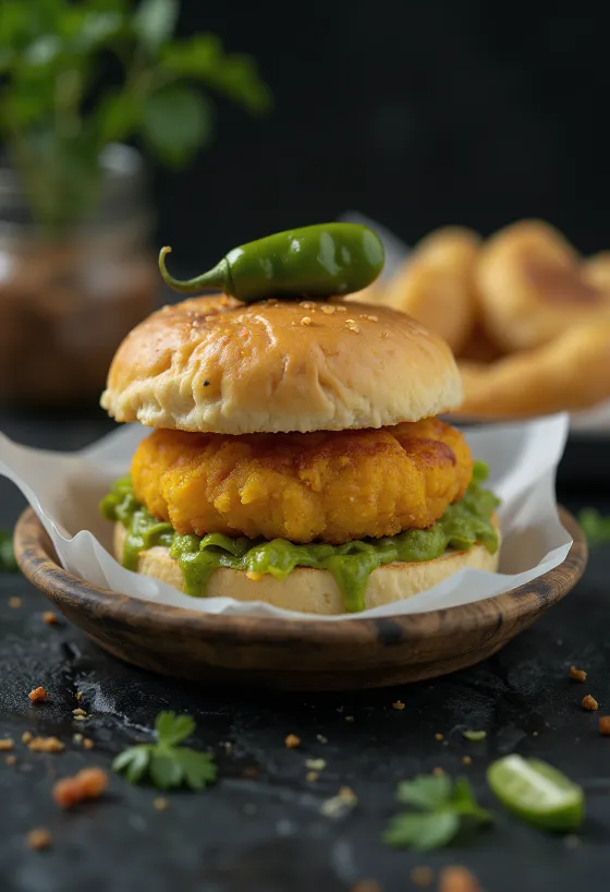 Vada Pav με γέμιση κρέατος σερβιρισμένο