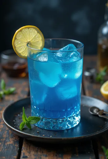 Κοκτέιλ Blue Lagoon διακοσμημένο με φέτα λεμονιού και κερασάκι κοκτέιλ