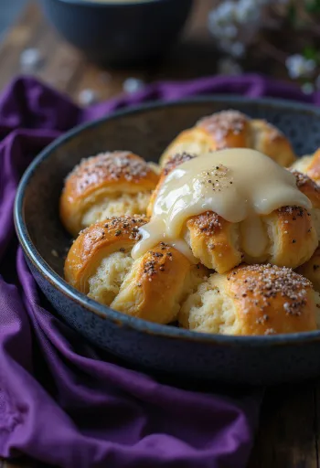 Μάκος γκούμπα πασπαλισμένο με άχνη ζάχαρη, σερβιρισμένο με κρέμα βανίλιας