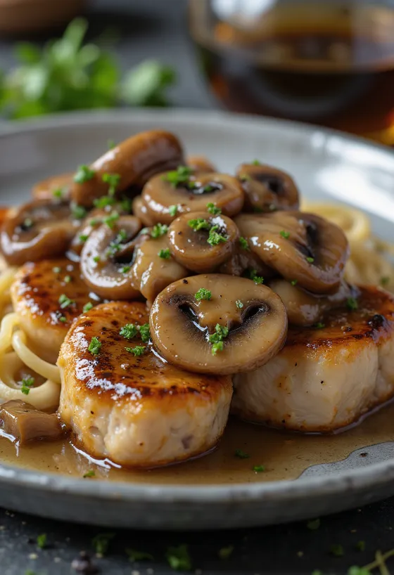 Μοσχαράκι Scallopini Marsala σερβιρισμένο με μανιτάρια και φρέσκο μαϊντανό