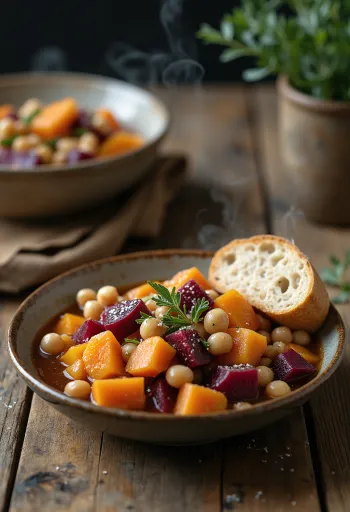 Puchero vegano σερβιρισμένο, διακοσμημένο με φρέσκο μαϊντανό