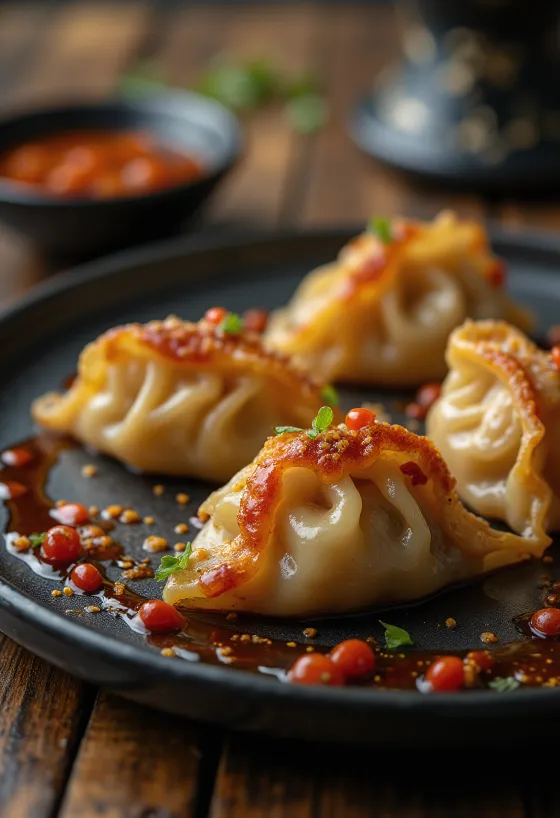 Szechuan Gyoza σε σερβίρισμα σάλτσας σόγιας