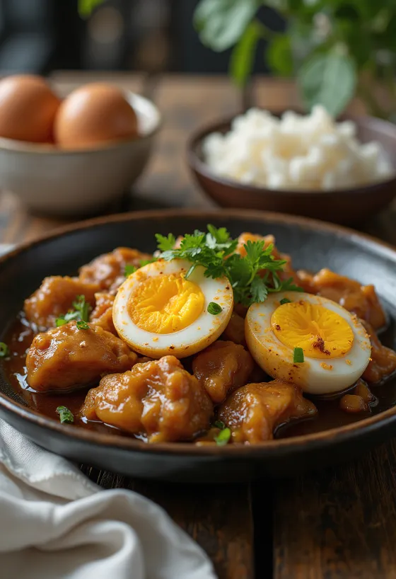 Adobo με αυγά σερβιρισμένο, κοτόπουλο και αυγά ενωμένα ως λαχταριστό φαγητό.