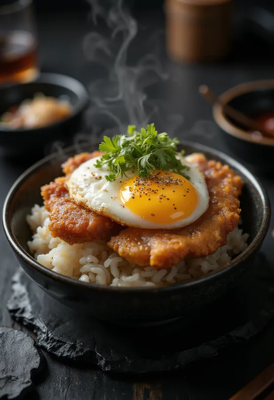 Katsu Don σερβιρισμένο με τραγανό χοιρινό και φρέσκο κρεμμυδάκι