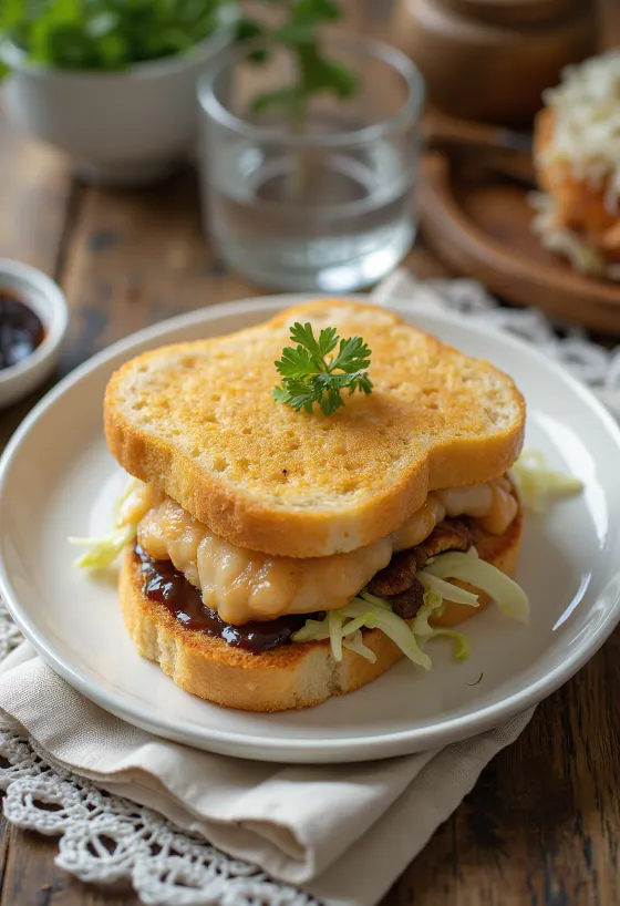 Tonkatsu sando, με φρέσκο λάχανο και κέτσαπ με μουστάρδα