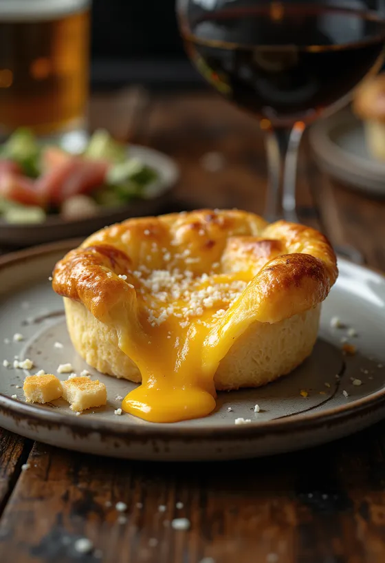 Yorkshire pudding γεμιστό με τυρί, με χρυσοκαφέ ψημένη ζύμη