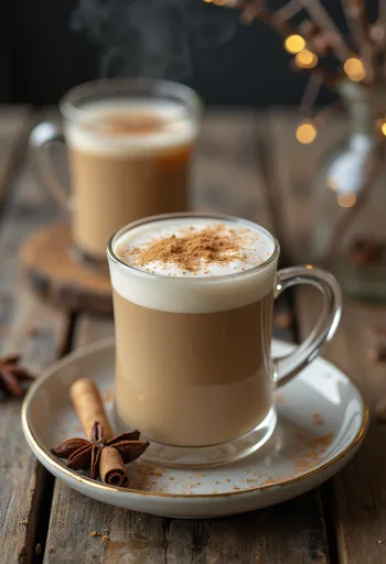 Chai tea latte σε κούπα, διακοσμημένο με κανέλα και καρδάμωμο