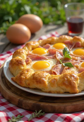 Αλμυρή Crostata με ζαμπόν, τυρί και βασιλικό σερβιρισμένη