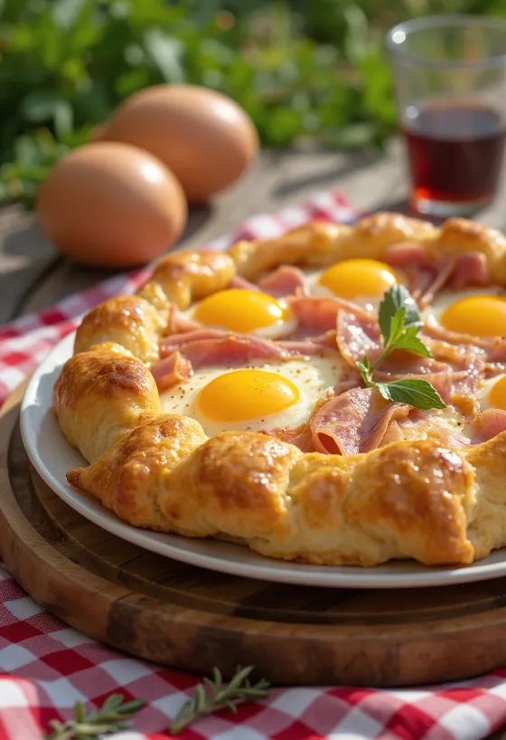 Αλμυρή Crostata με ζαμπόν, τυρί και βασιλικό σερβιρισμένη