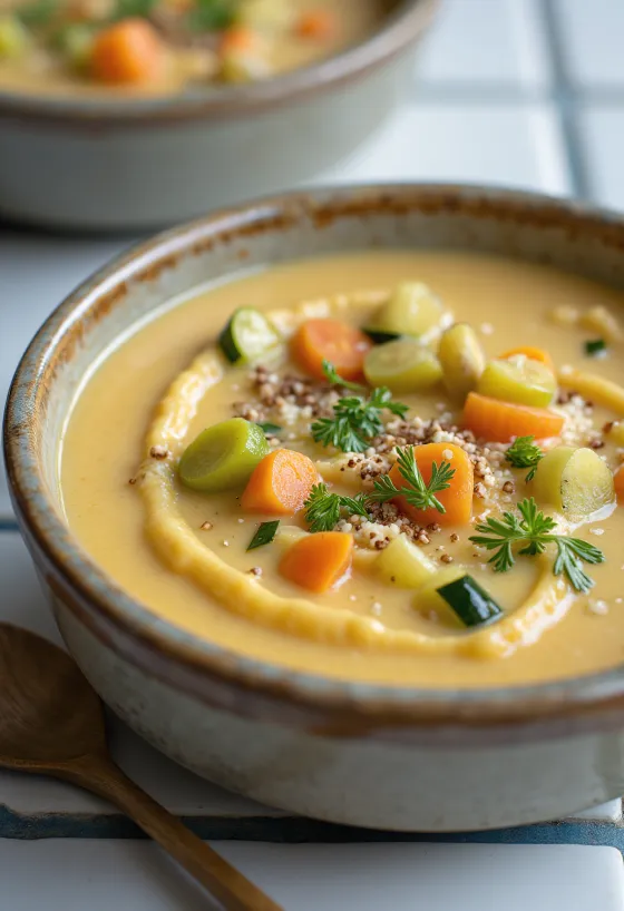 Ανοιξιάτικη βελουτέ σούπα λαχανικών σερβιρισμένη