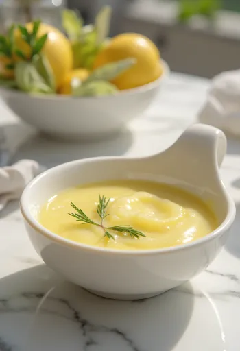 Σάλτσα λεμονιού με δεντρολίβανο σερβιρισμένη δίπλα σε ψητό ψάρι