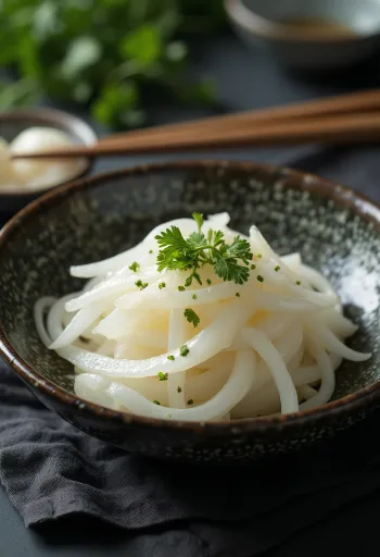 Shiozuke σερβιρισμένο, διακοσμημένο με φρέσκο κόλιανδρο, με φέτες ραπανιού