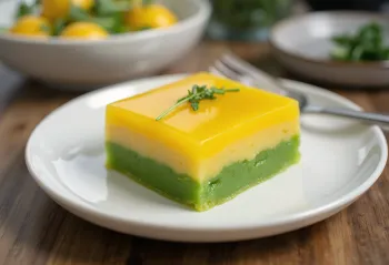 Bánh da lợn με κίτρινες και πράσινες στρώσεις, διακοσμημένο με φύλλα pandan